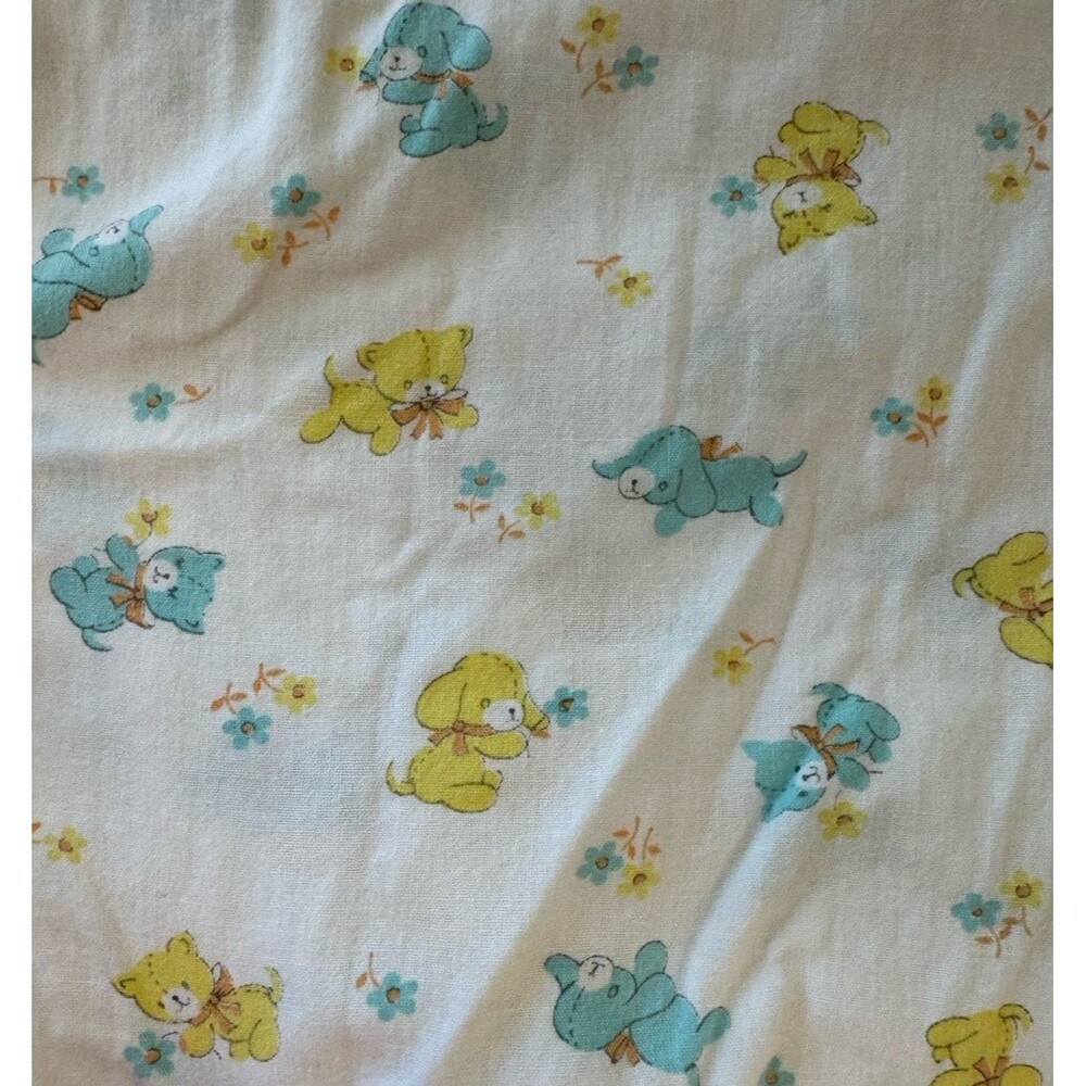 Vintage Cotton Crib Fitted Sheet Yellow & Teal Puppies Bears w/ Bows Flowers